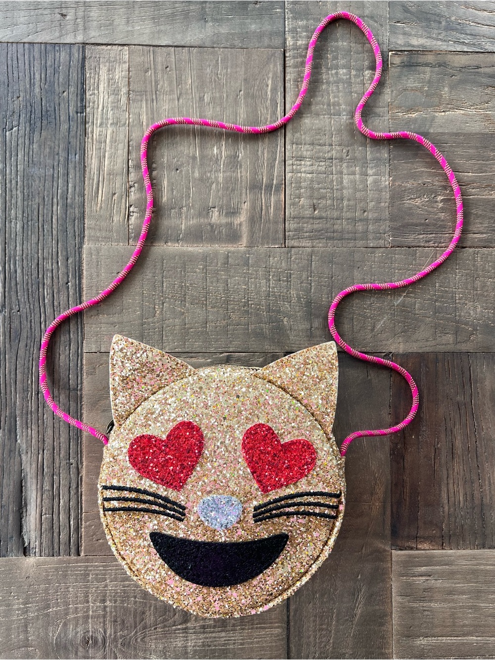 J.Crew Girls Glitter Cat Face Crossbody Bag Purse Gold Red Novelty